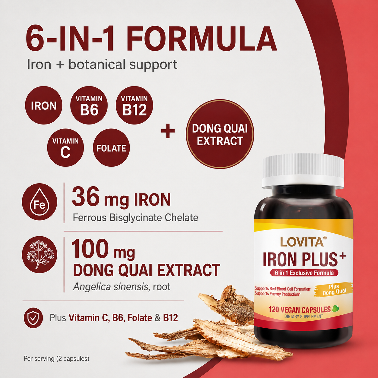 LOVITA Iron Plus, 18 mg, 6 in 1 for Women, Vitamin C, Dong Quai & B12, Support Red Blood Cell Production Without Constipation, 120 Vegan Capsules